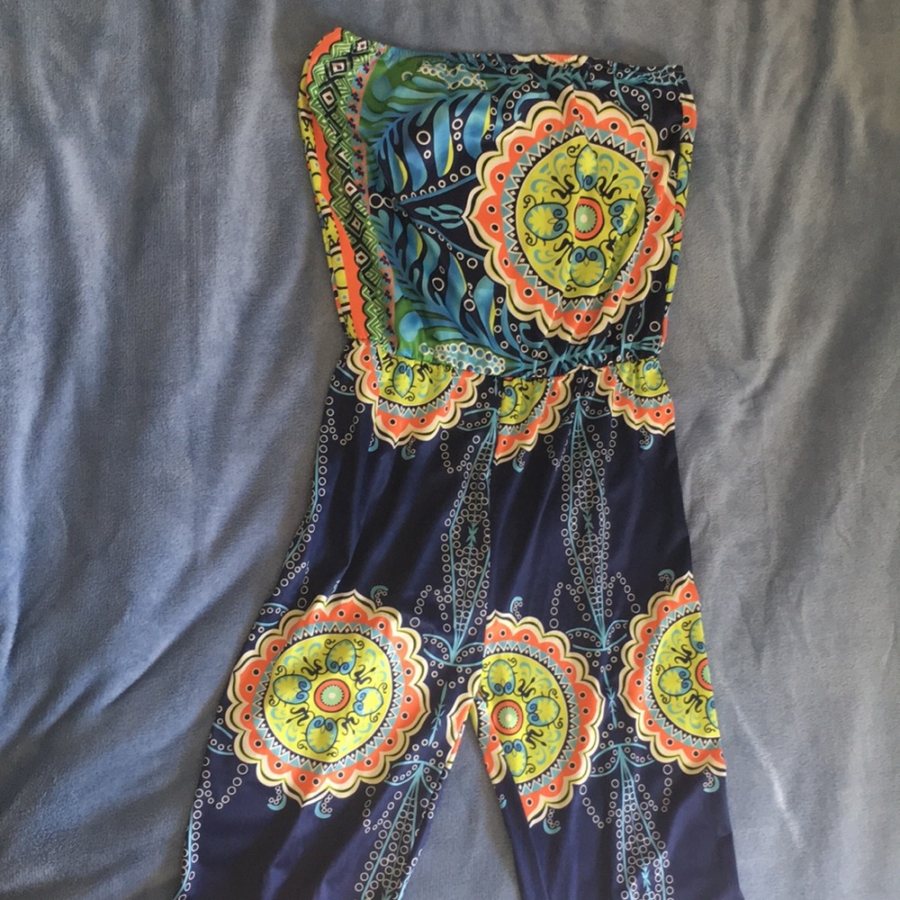 Colorful strapless jumpsuit.